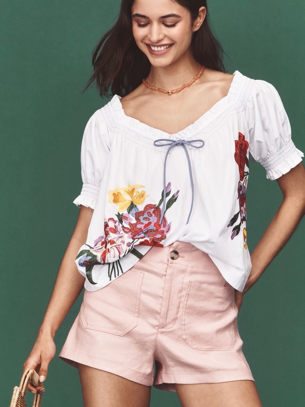 Anthropologie White Peasant Blouse with Multicolor Floral Embroidery NWOT